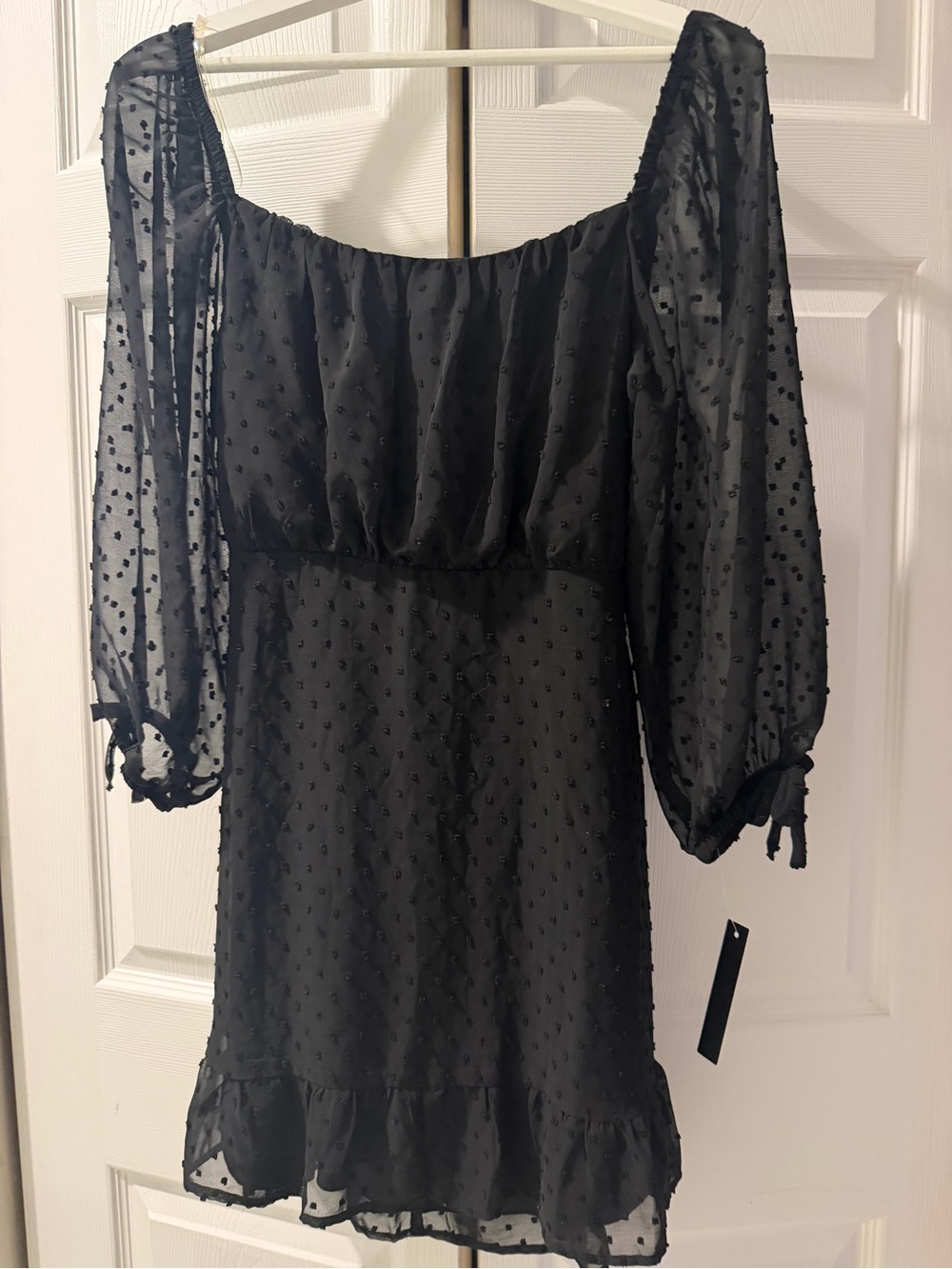 Speechless Junior  Sheer Swiss Dot Black Puff-Sleeve  open back Dress NWT